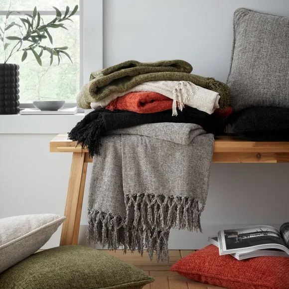 Chenille Throw Blanket with Tassels - Olive