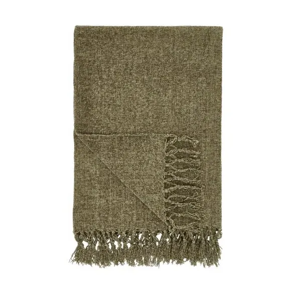 Chenille Throw Blanket with Tassels - Olive