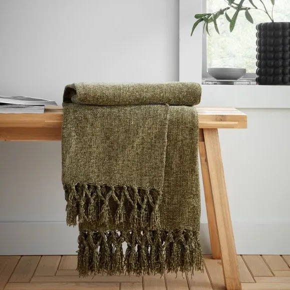 Chenille Throw Blanket with Tassels - Olive image