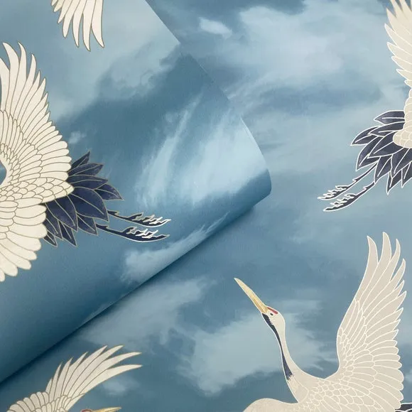 Cranes Wallpaper with Matte Finish - Blue