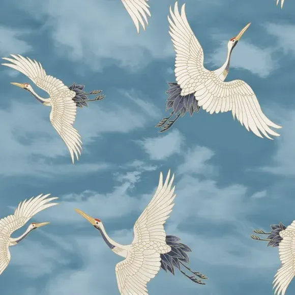 Cranes Wallpaper with Matte Finish - Blue