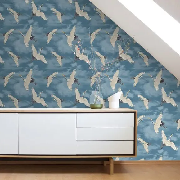 Cranes Wallpaper with Matte Finish - Blue