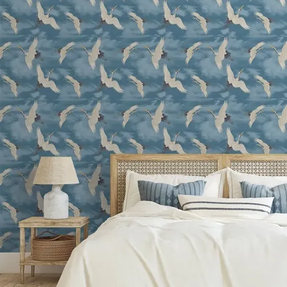 Cranes Wallpaper with Matte Finish - Blue
