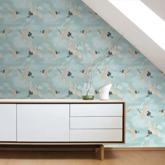 Cranes Wallpaper with Matte Finish - Duck Egg