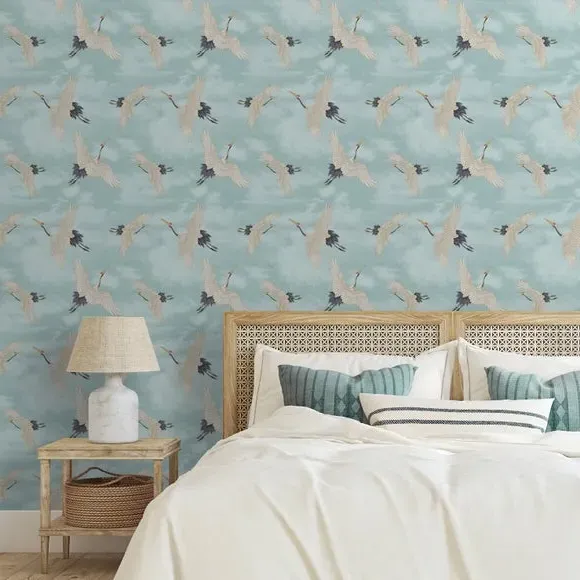 Cranes Wallpaper with Matte Finish - Duck Egg