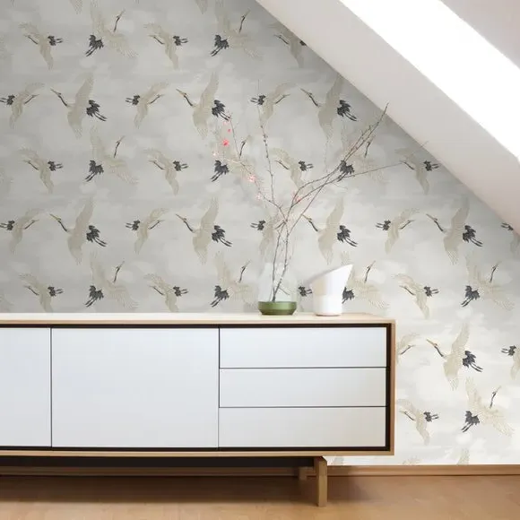 Cranes Wallpaper with Matte Finish - White