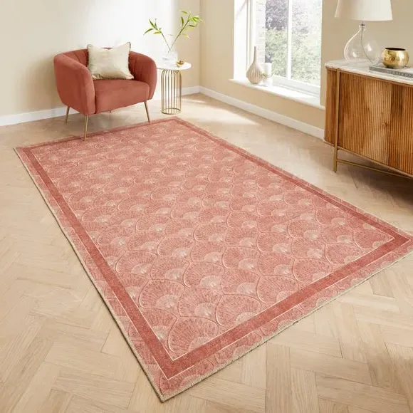 Deco Peacock Rug with Art Deco Design - Terracotta