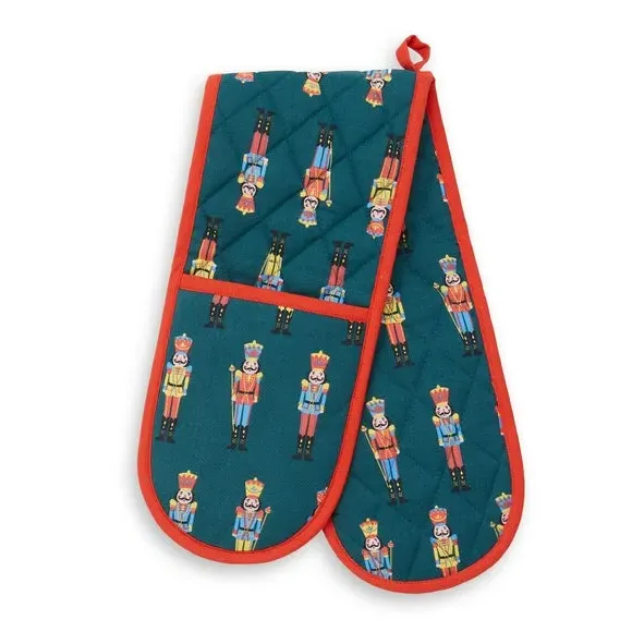 Double Oven Glove Nutcracker Design - Green, Cotton