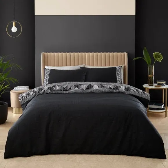 Duvet Cover Set Greek Key - Black, Cotton Blend