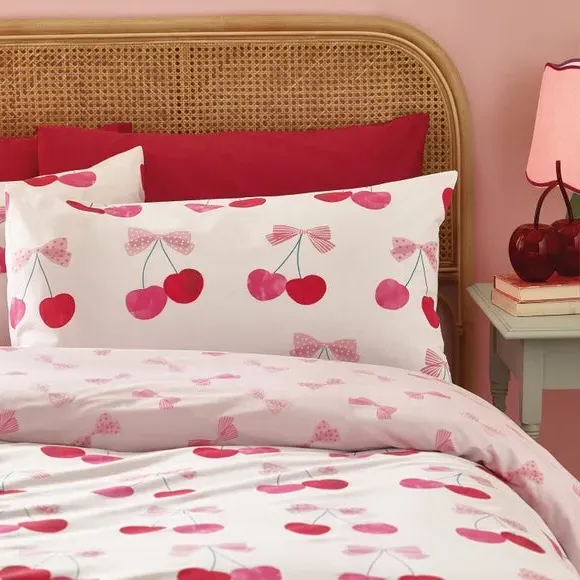 Duvet Cover Set with Cherries Design - Pink