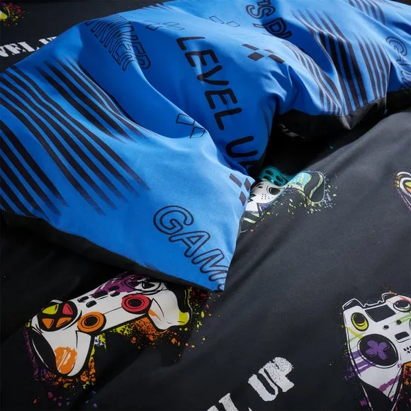 Duvet Cover Set with Gaming Print - Black, Cotton