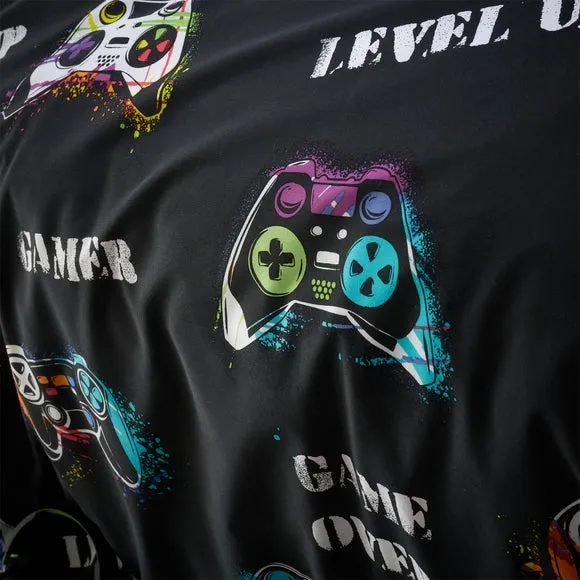 Duvet Cover Set with Gaming Print - Black, Cotton