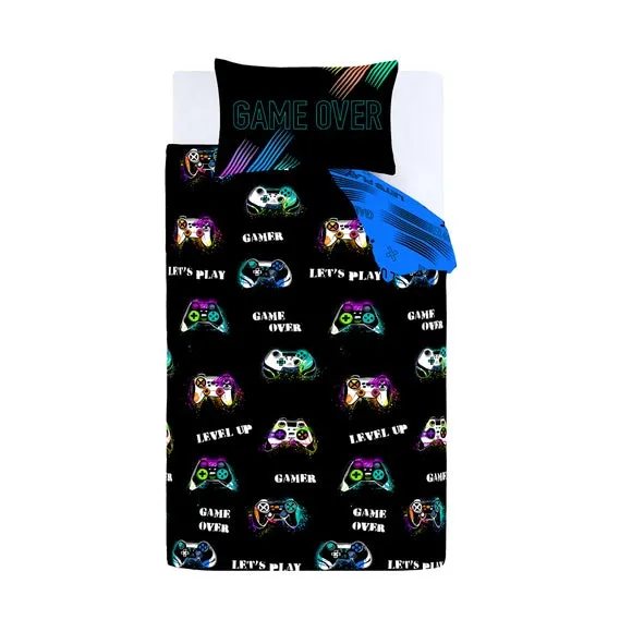 Duvet Cover Set with Gaming Print - Black, Cotton