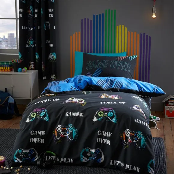 Duvet Cover Set with Gaming Print - Black, Cotton