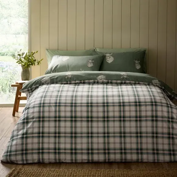 Duvet Cover Set with Stag Check - Green, Polycotton