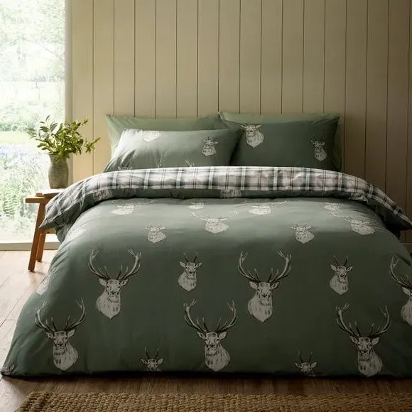 Duvet Cover Set with Stag Check - Green, Polycotton