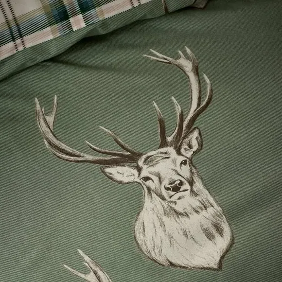 Duvet Cover Set with Stag Check - Green, Polycotton