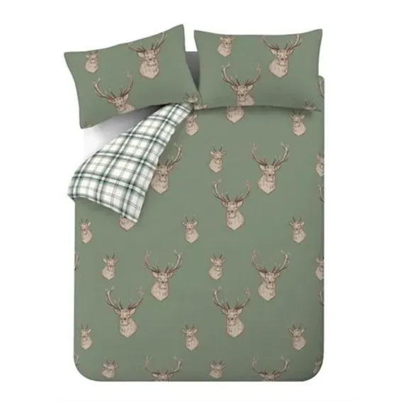 Duvet Cover Set with Stag Check - Green, Polycotton