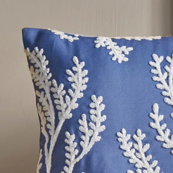 Embroidered Cushion with Coral Leaf - Blue
