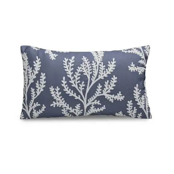 Embroidered Cushion with Coral Leaf - Blue