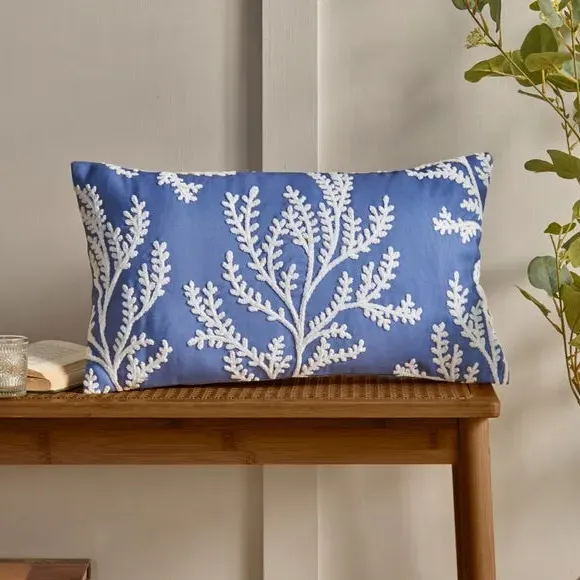 Embroidered Cushion with Coral Leaf - Blue image