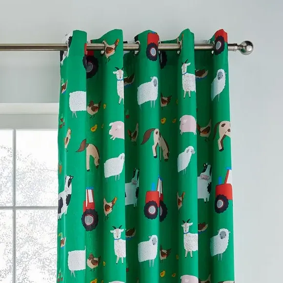 Eyelet Curtains Farmyard Print - Green, Lined