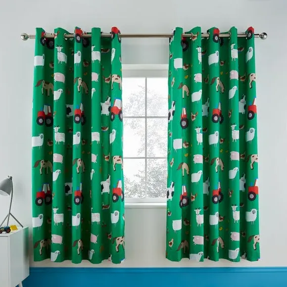 Eyelet Curtains Farmyard Print - Green, Lined image