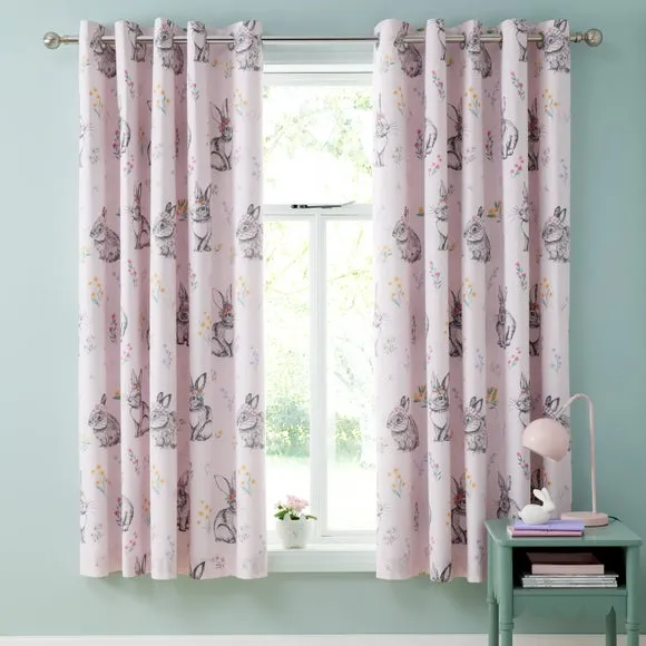Eyelet Curtains with Bunny Pattern - Pink, Cotton