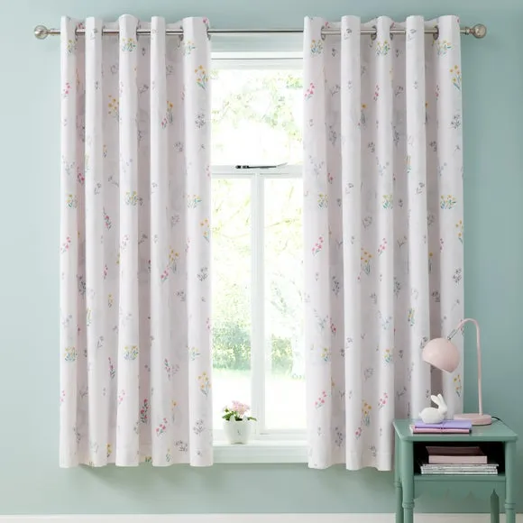 Eyelet Curtains with Bunny Pattern - Pink, Cotton