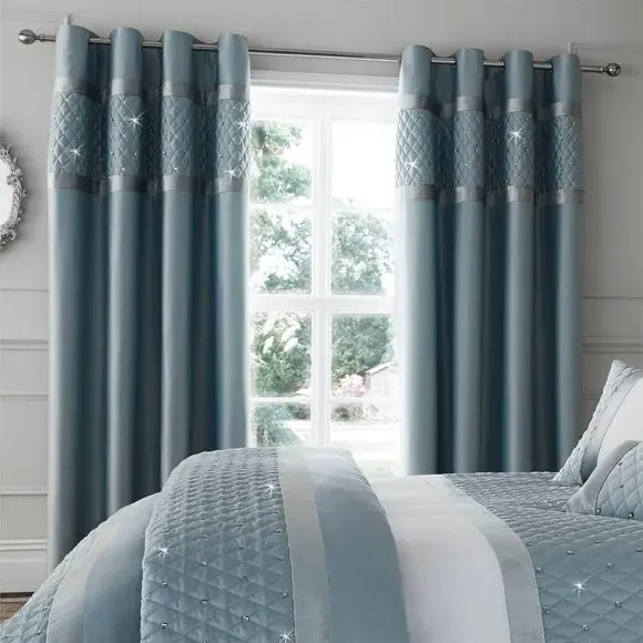 Eyelet Curtains with Sequin Border - Blue, Satin