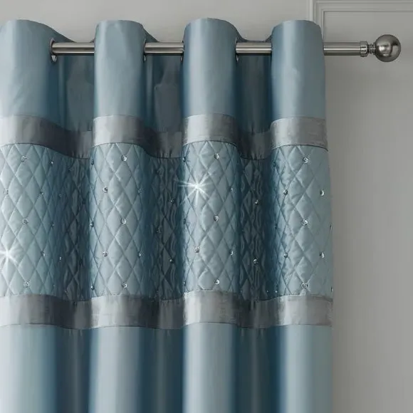 Eyelet Curtains with Sequin Border - Blue, Satin image