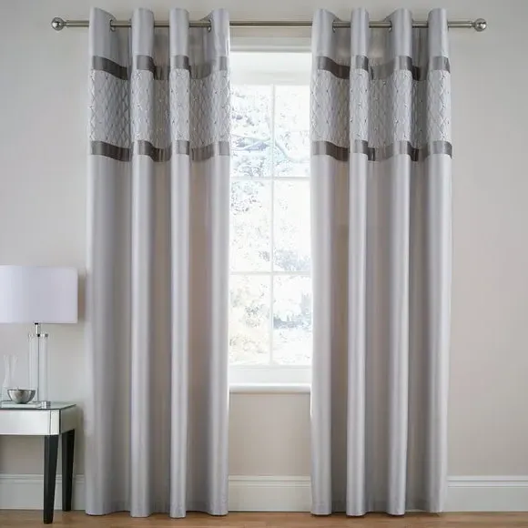 Eyelet Curtains with Sequin Border - Silver, Satin