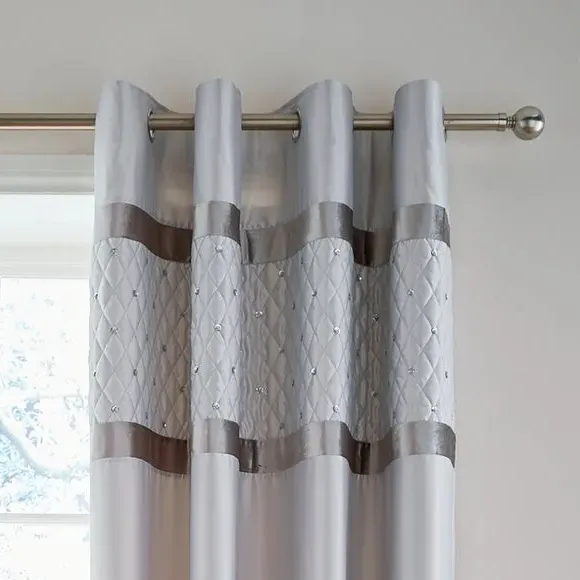 Eyelet Curtains with Sequin Border - Silver, Satin