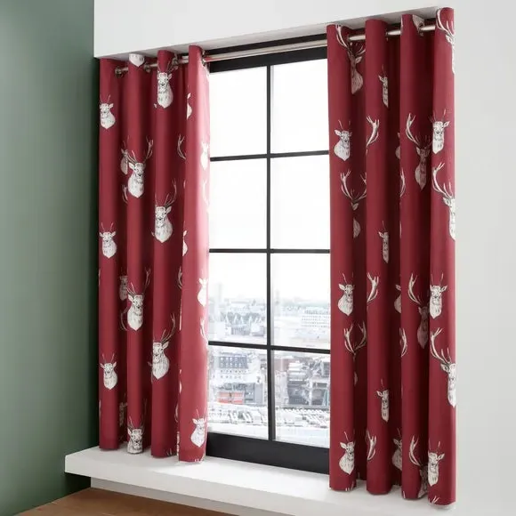 Eyelet Curtains with Stag Print - Dark Red