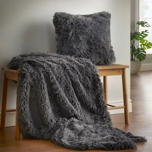 Faux Fur Throw Blanket - Charcoal, Fleece Reverse