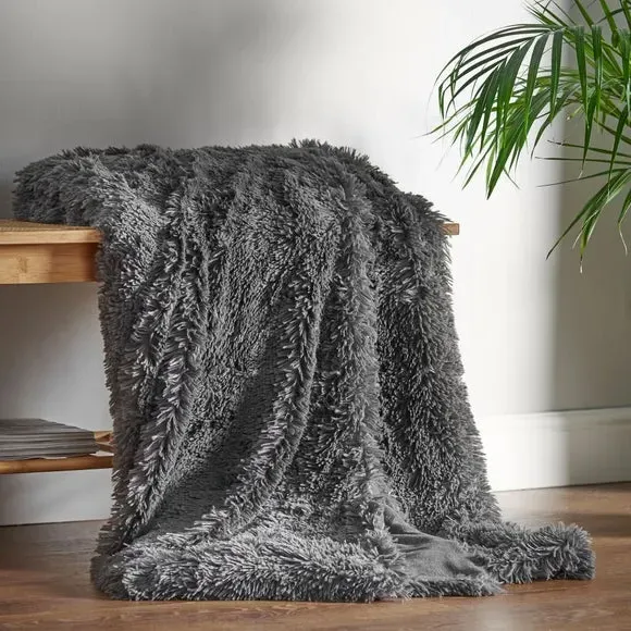 Faux Fur Throw Blanket - Charcoal, Fleece Reverse