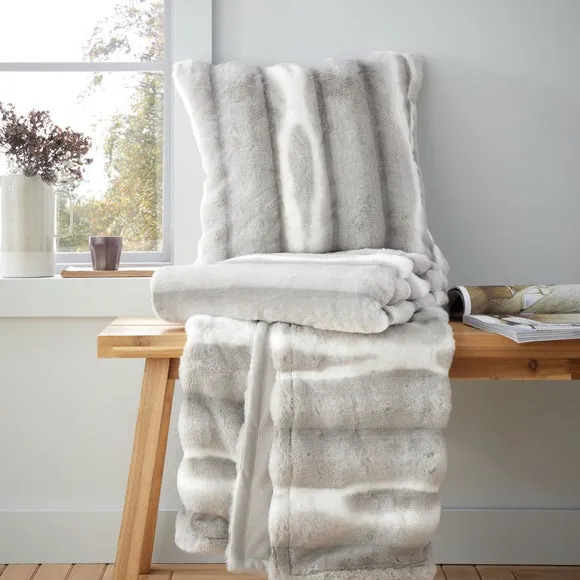 Faux Fur Throw Blanket - Silver, Ribbed Design
