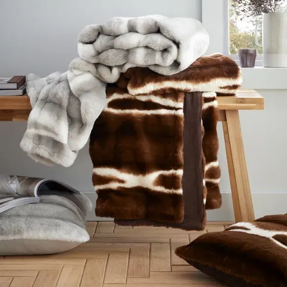 Faux Fur Throw Blanket - Silver, Ribbed Design