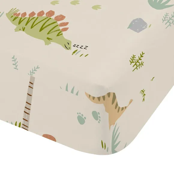 Fitted Sheet with Dinosaur Print - Green, Polycotton