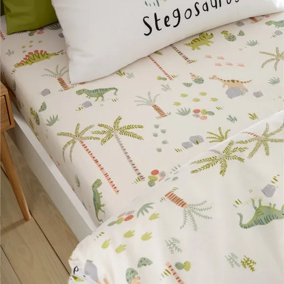 Fitted Sheet with Dinosaur Print - Green, Polycotton