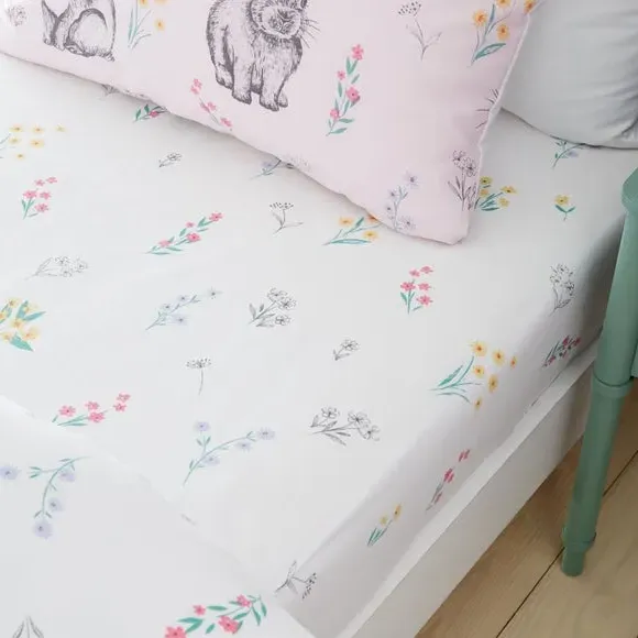 Fitted Sheet with Floral Print - White, Polycotton image