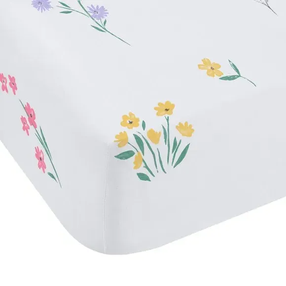 Fitted Sheet with Floral Print - White, Polycotton