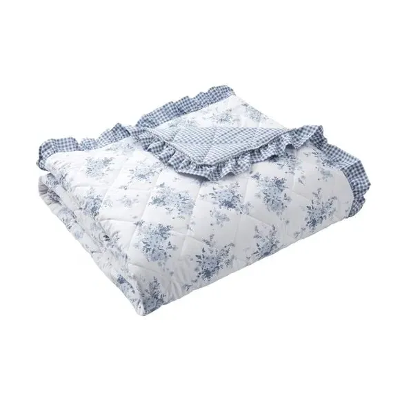 Floral Bedspread with Frilled Edges - Blue, Cotton