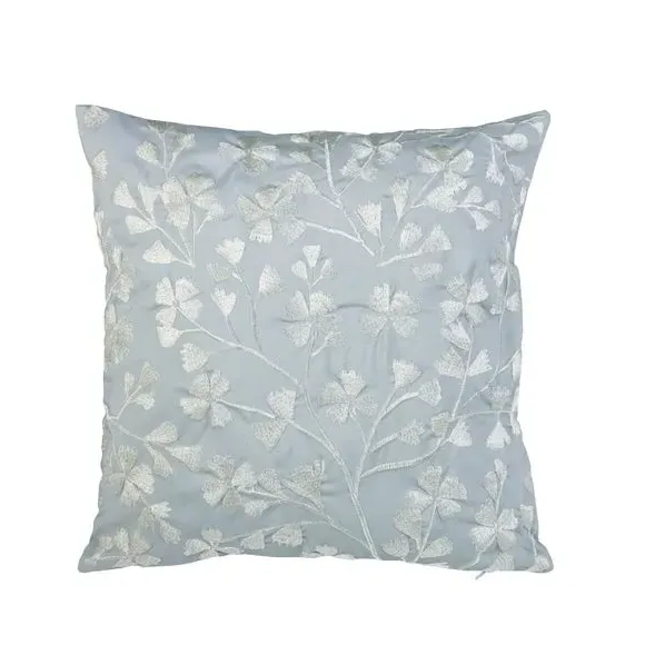 Floral Cushion with Embroidery - Duck Egg