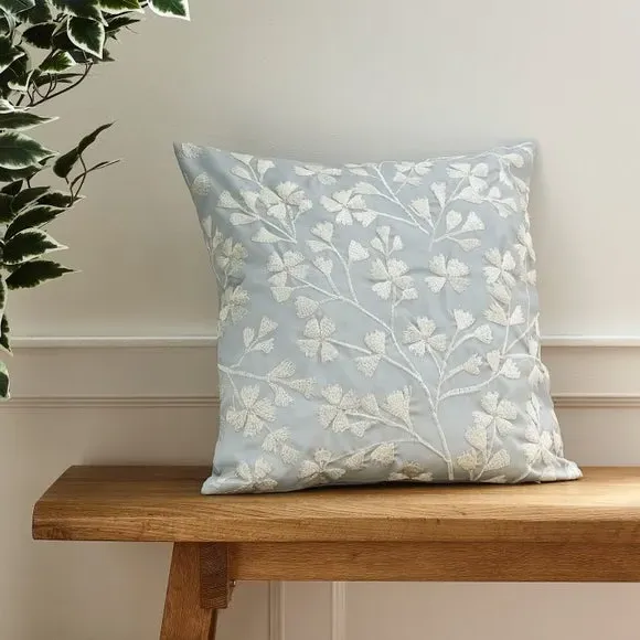Floral Cushion with Embroidery - Duck Egg image