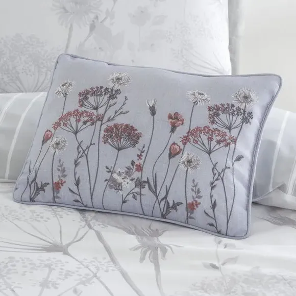Floral Cushion with Embroidery - Grey, Polyester