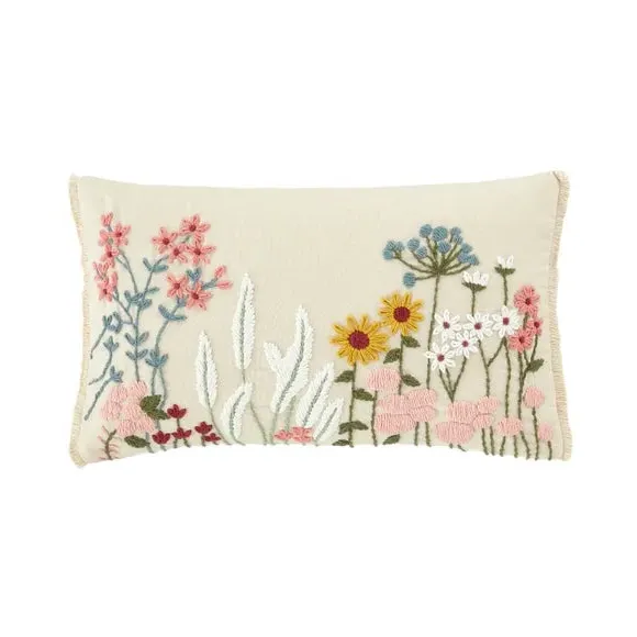 Floral Cushion with Embroidery - Natural