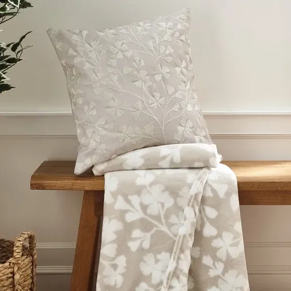 Floral Cushion with Embroidery - Natural