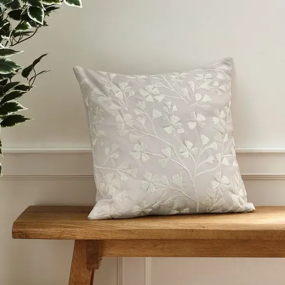 Floral Cushion with Embroidery - Natural