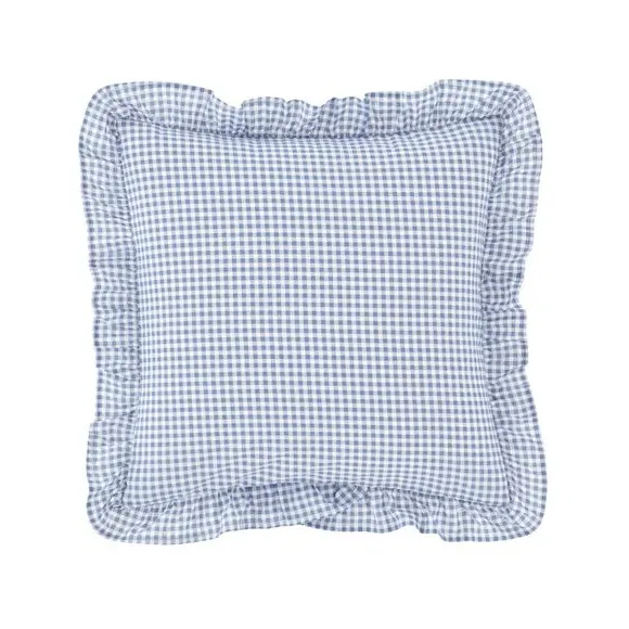 Floral Cushion with Frilled Edges - Blue, Cotton